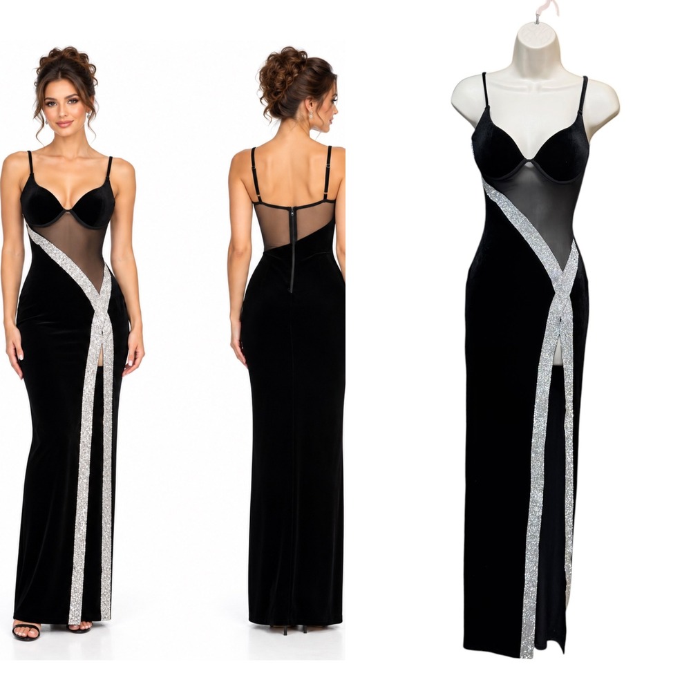 Womens XS Maxi Dress Black Velvet Sheer Mesh Rhinestone High Slit Gown Glam Page